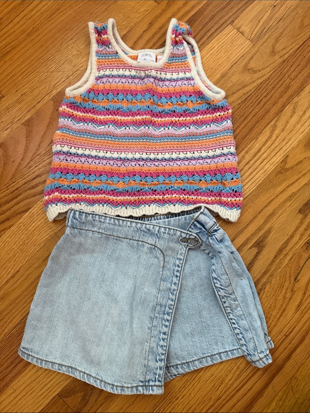 Zara Kids Crocheted Striped Tank Top in Pink, Blue & Orange and denim skort 5yrs
